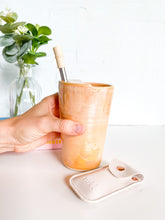 Load image into Gallery viewer, Orange Opal Travel Tumbler w/ Mother of Pearl Sukk Straw