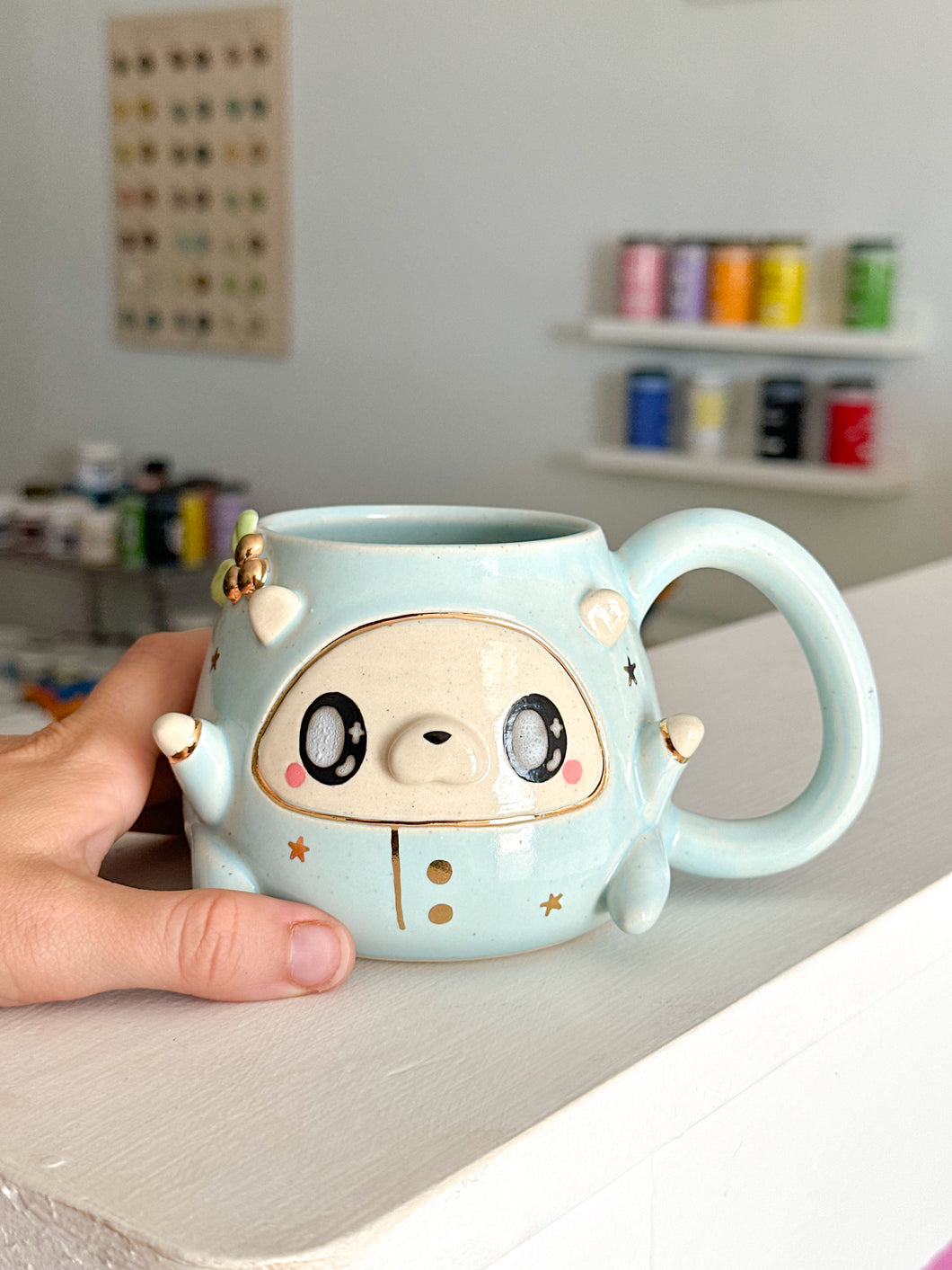 Blue Cozy Bear in Pjs Mug with Back Flap