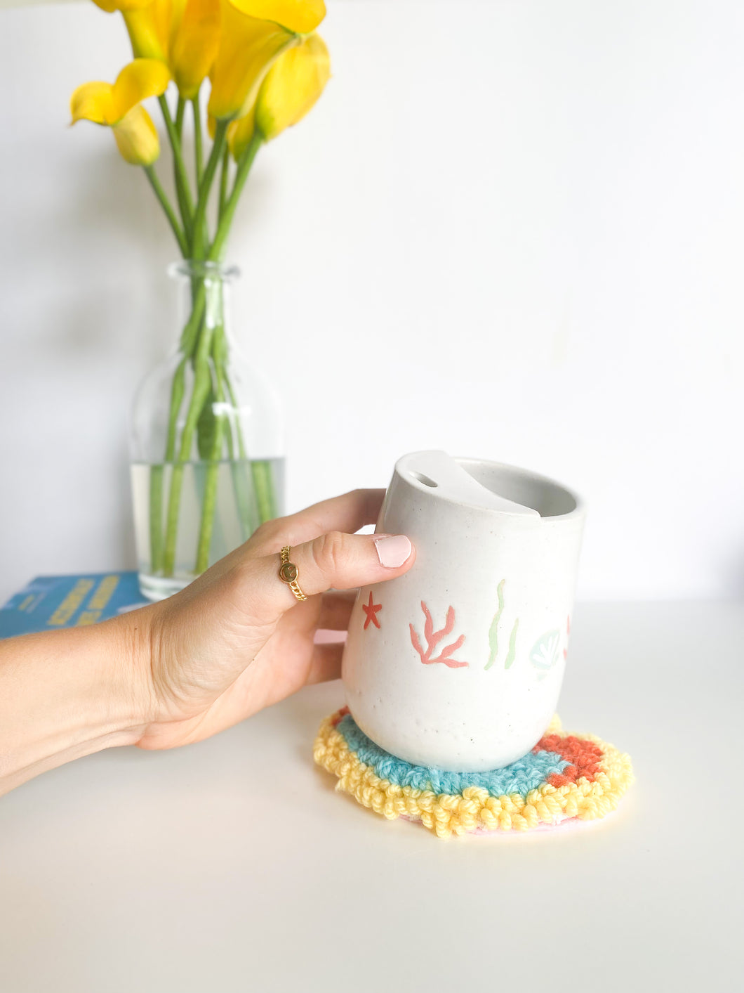 Coral Sippy Mug & Mug Rug (4)
